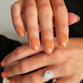 Kqueenest Uñas Postizas Cortas Ovaladas De Color Naranja, Uñas Postizas Cortas Y Redondas Brillantes, Uñas Acrílicas De Color Sólido, Uñas Cortas Con 