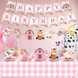 Farm Animals Theme Birthday Party Decorations Banner for Girls Baby Shower Pink Farmhouse Barnyard Happy Birthday Banner Tablecloth Honeycomb Centerpiece for Baby Shower Bday Party Supplies