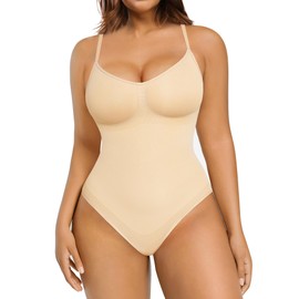 FeelinGirl Shapewear Women's Body Shaper Seamless Tummy Control Bodysuit in Slip Style Crotch with Button Closure Bodice Body with Adjustable Shoulder Straps, skin-coloured