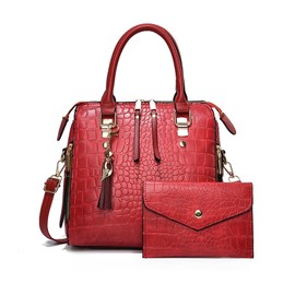 NICOLE & DORIS Women's Handbag Wallet Set Handbags Shoulder Bag Crocodile Shoulder Bags Crossbody Bag Patent Leather Handbag with Pendant, Burgundy red, crocodile, shoulder bag, crossbody