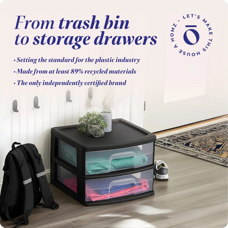 Homz Plastic 2 Drawer Medium Storage Cart, Black Frame with