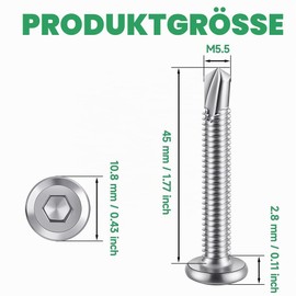 HXJDAM Pack of 60 Self-Tapping Screws, Stainless Steel, 5.5 x 45 mm, Flat Head Hexagon Socket Screws, Self Tapping Screws, Self-Tapping Screws for Metal, Wood, Plastic with Hex Socket Drive