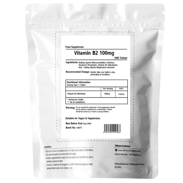 Vitamin B2 Riboflavin 100mg Tablets Migraine Support, Stress and Energy.