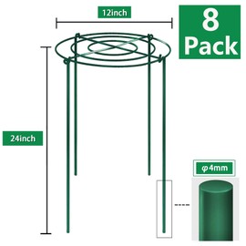 TCBWFY 8 Sets Peony Support Cage, 12" Dia x 24" High, Heavy Duty Metal Plant Support, Grow Through Hoops Grids, 4mm Legs, Green, Round
