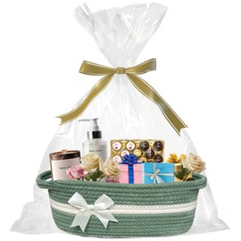 Small Decorative Basket for Gift Empty - 12" Cute Woven Storage Basket with Handles, Gift Basket for Baby Shower, Graduation, Birthdays, Empty Basket for Christmas Gift, Sage Green
