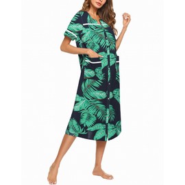 Ekouaer Womens Snap Front Dusters Cotton Housecoat Short Sleeve Nightgown House Dress With Pockets Navy Leaf XL