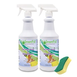 GreenFist Pet Stain & Odor Remover Magic Fast Acting Carpet Spot Cleaner Enzyme Powered Formula Cats,Dogs, Small Animal Urine, 32 oz Spray (2 Pack w/Sponge)