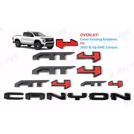 GMC 5PCS Gloss Black Red Door Rear Grill AT4 Canyon OVERLAY Emblems 2023-2024 Canyon