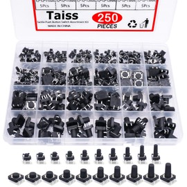 Taiss 250 pieces tactile push button switch kit momentary 4 pin micro switch 6 x 6 mm button 12 x 12 mm button button micro switch QC-20V-4P