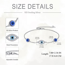 SHEAISRS Evil Eye Bracelet Sterling Silver Blue Evil Eye Bracelet Adjustable Chain Jewelry Gift for Women Teens Girls