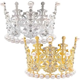 2PCS Small Gold and Silver Crown Decoration Mini Crown Headgear Pearl Rhinestone Mini Crowns Wedding Crown Gift Accessories for Pet Birthday Parties, Family Photos, Daily Wear