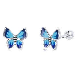 BISAER Butterfly Stud Earrings for Women 925 Sterling Silver Cute Tiny Blue Butterfly Earrings With Screw Back