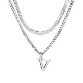 Letter Necklace Men's Stainless Steel Silver Cuban Chain Adjustable Snake Chain with A-Z Letter Pendant Layered Necklace for Men Dad Boyfriend Birthday Father's Day Christmas Gift, Stainless Steel, No