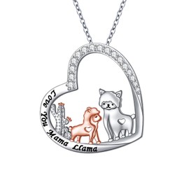 Ladytree Llama Necklace S925 Sterling Silver Mother Daughter Heart Alpaca Animal Birthday Jewelry for Women Mom Daughter