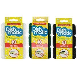 9 x Mixed Dishmatic Sponge Scourer Replacement Refill Head (3 x Non Scratch, 3 x Heavy Duty, 3 x Extra Heavy Duty)