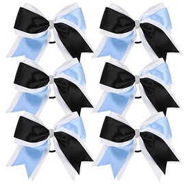 Cheerleader Bows 8 Inch 3 Colors 2 Layers 6 Pcs Jumbo Ponytail Holder Cheerleading Bows for High School College Hair Elastic Hair Tie (Black/Columbia Blue)