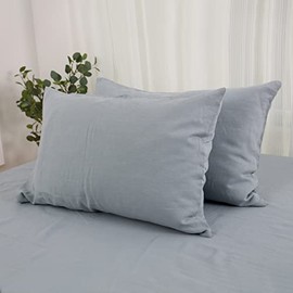 Simple&Opulence 100% Stone Washed Linen Basic Style Solid Color Pillowcases Set of 2, Envelope Closure Standard Queen Size 20''x30'',Dusty Blue