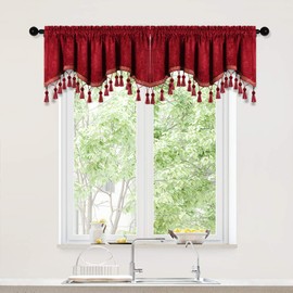 Cortinas de chenilla de doble cara para ventana, para cocina, bolsillo de barra, cenefa festoneada de color rojo burdeos, paquete de 2 (rojo burdeos, 132 cm de ancho x 45 cm de largo)