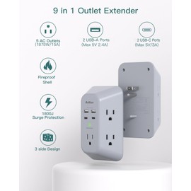 Addtam Surge Protector Outlet Extender, Multi Plug Wall Outlet with 4 USB Ports(PD 20W), 3-Sided 1800J Power Strip Plug Extension Outlet Splitter, Gray