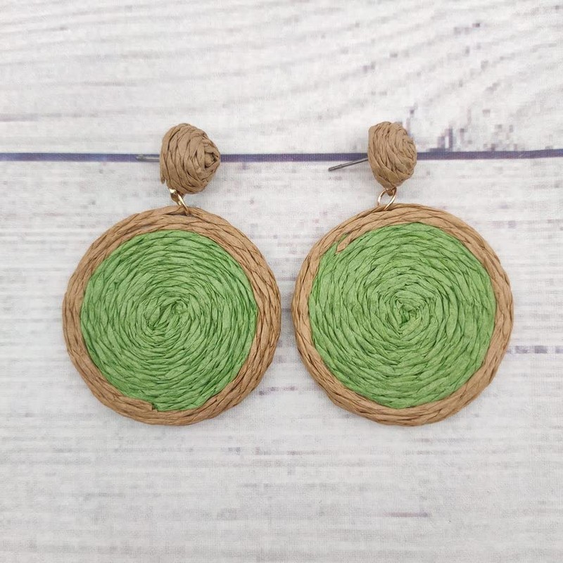 Bohemian Woven Straw Wicker Raffia Rattan Dangle Earrings Geometric Circle