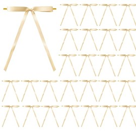 Meseey 30 Pcs Champagne Satin Bows with Twist Tie 5 x 7 Inch Pretied Premade Ribbon Bows for Tree Wreath Garland Home Decor Indoor Outdoor Decorations (Champagne)