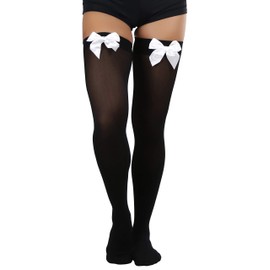 ToBeInStyle Women’s Beautiful Satin Bow Opaque Thigh High Stockings - Black With White Bow
