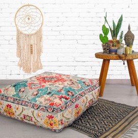 Mandala Life ART Bohemian Decor Floor Cushion Cover - 24x8 inches - Square Meditation Carpet Pillow Case - Printed Cotton Rug Pouf
