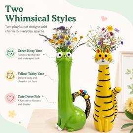 2 Pcs Quirky Cat Vases, Whimsical Resin Kitty Flower Vases, Tall Kitty Bud Containers, Funny Animal Planter Ornaments for Bookshelf, Desk, Windowsill, Unique Presents for Cat Lovers