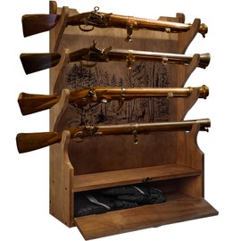 Yuntau Four Gun Wooden Gun Display Rack with Cabinet Storage Compartment for Gun Accessories Gun Rack for Wall Gun Wall Mount Wall Gun Racks for Rifle Home Gun Racks with Soft Pad Deer Pattern