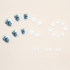 Press on Toenails with Butterfly Designs, Square Full Cover Glossy Reusable False Toe Nails with Glue, Coffin Artificial Acrylic White Fake Nails Glue on Toenails Short, Stick on Toe Nails for Women
