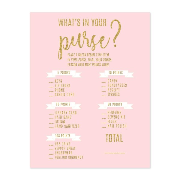 Andaz Press Blush Pink Gold Glitter Print Wedding Collection, What's in Your Purse? Bridal Shower Game Cards, 20-Pack