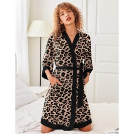Ekouaer Robes for Women Knee Length Bathrobe Lightweight Kimono Robe 3/4 Sleeve Sleepwear with Pockets Leopard S