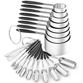 Measuring Cups and Spoons - Wildone Stainless Steel 20 Piece Stackable Set, Includes 8 Black Measuring Cups, 10 Measuring Spoons, 1 Leveler & 1 Whisk, for Dry and Liquid Ingredient