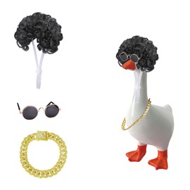 3 PCS Porch Goose Outfits for Plastic Goose, Cool Lawn Pet Statue Decoration Including Wig, Chain Collar and Sunglasses for Outdoor Garden Patio Yard Retro Funny Decoration Pet Cosplay Party