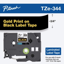 Brother Genuine P-Touch TZE-344 Tape, 3/4" (0.7 mm) Standard Laminated P-Touch Tape, Gold on Black, Laminated for Indoor or Outdoor Use, Water-Resistant, 26.2 ft (8 m), Single-Pack
