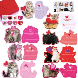 48 Sets Valentine's Day Cards Bulk Cute Cat Kitten Pet Love Greeting Cards Assortment Scratch & Sniff Strawberry Scented Cards with Envelopes Heart Stickers Tattoo for Kids Classroom Gift Exchange