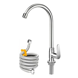 Brushed Nickel Cold Water Faucet Only,SUS304 Stainless Steel Cold Water Kitchen Faucet Single Handle Single Hole Cold Water Faucet for Kitchen,Outdoor, Garden and Bar with Hose and Longer Thread Pipe