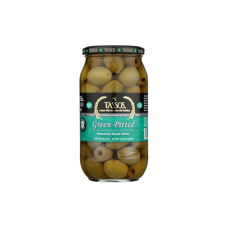 Tassos Green Pitted Mammoth Greek Olives (35.27oz) 1 Liter Jar