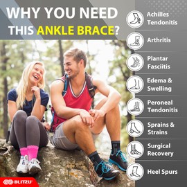 BLITZU Ankle Brace for Women, Men, Plantar Fasciitis Relief, Achilles Tendonitis Brace for Sprained Foot, Ankle Compression Sleeve with Strap Black L