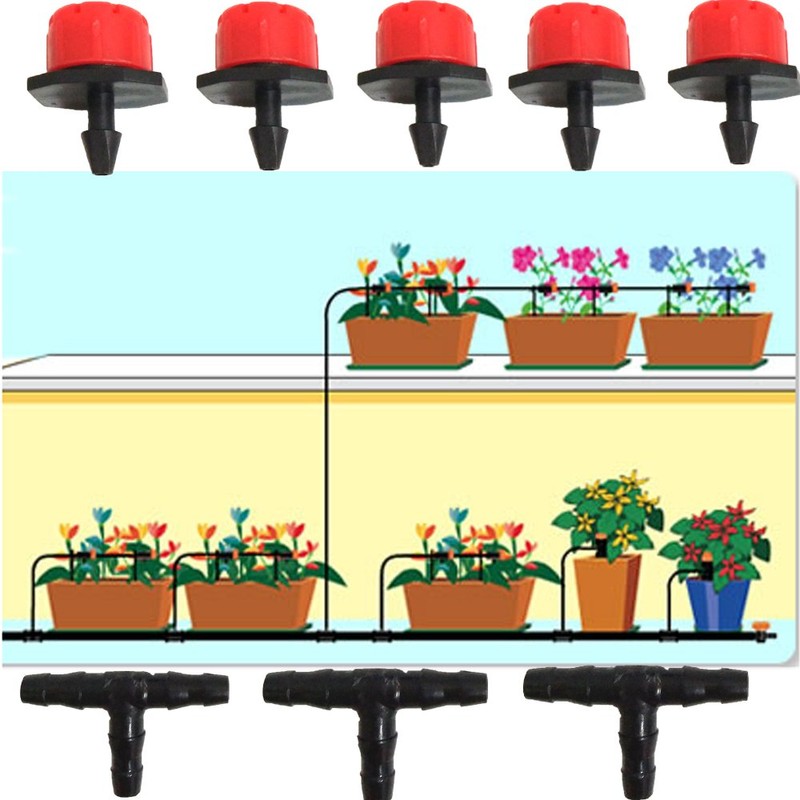 50 Einstellbare Micro Drip Tropfer+50 T-Steckverbinder+50 Gartenschlauch-Erdanker Garten Micro-Drip-System Automatische