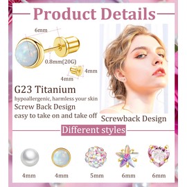 Staligue 5 Pairs Titanium Earrings for Women 20G Hypoallergenic Screw Back Stud Earrings for Sensitive Skin Cubic Zircon Heart Star Pearl Screw Back Nap Earrings Set Gold