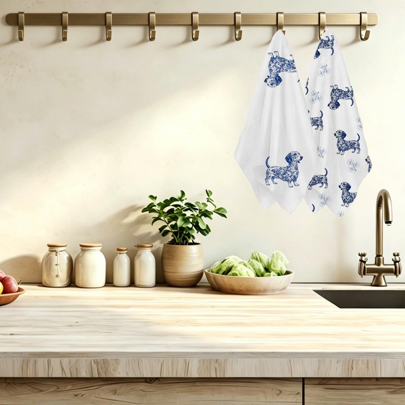 2Pcs Chinoiserie Dachshund Kitchen Towels, Weiner Dog Gifts for Women