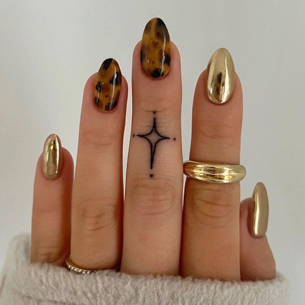 MERVF Oval Press on Nails Medium Fake Nails Gold Mirror