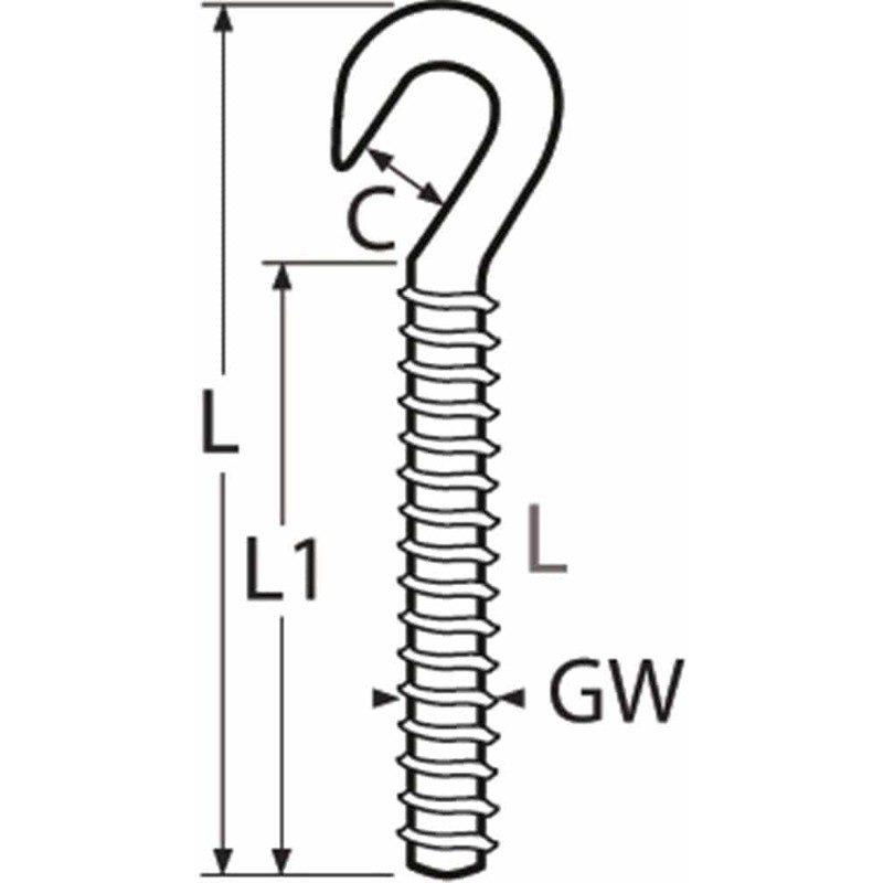 Hook Screw with Left Thread M5, Stainless Steel AISI 316/A4
