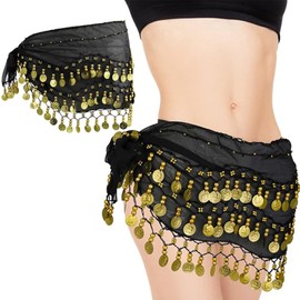YEWCEP Belly Dance Hip Scarf Women's Belly Dance Costume Belt Chiffon Black Size 28 for Oriental Dance Women with 128 Coins, black