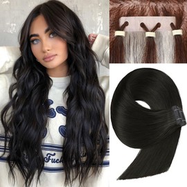 FANCEE No Glue Human Hair Hair Extensions Jet Black Tape in Hair Extensions with Holes Glueless Invisible Seamless Skin Weft Hair Extensions for Women (50g 20Pcs, 18 Inch)