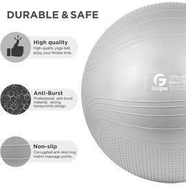 Gruper Yoga Ball, 18-30 Inch Extra Thick Exercise Ball for Workout Fitness Balance, Anti Burst Chair for Home and Office Desk, Includes Hand Pump & Workout Guide Access