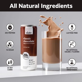 Slate Slate Milk - High Protein Milk Shake - Classic Chocolate - Lactose Free, 20g Protein, 1g Sugar, 100 Calories, 2g Net Carbs, No Added Sugar - Natural, Breakfast Boost, Post Workout - 11 fl oz, 12 Cans