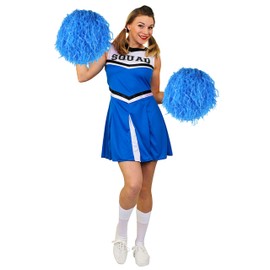 Ladies Cheerleader Costume with Pom Poms - Womens Highschool American Style Fancy Dress Party Outfit (Blue – UK 14-16)
