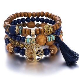 LICHUANUK Boho Bracelets Wooden Beads Tassel Bracelet, Chakra Bracelet for Women, Natural Crystal Healing Stones Bracelet, Women Tree of Life Charm Statement Bangles, Wood